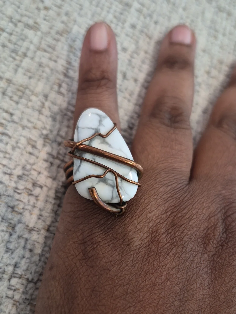 White Howlite Statement Ring with Bronze Wire Wrap - Women Jewelry